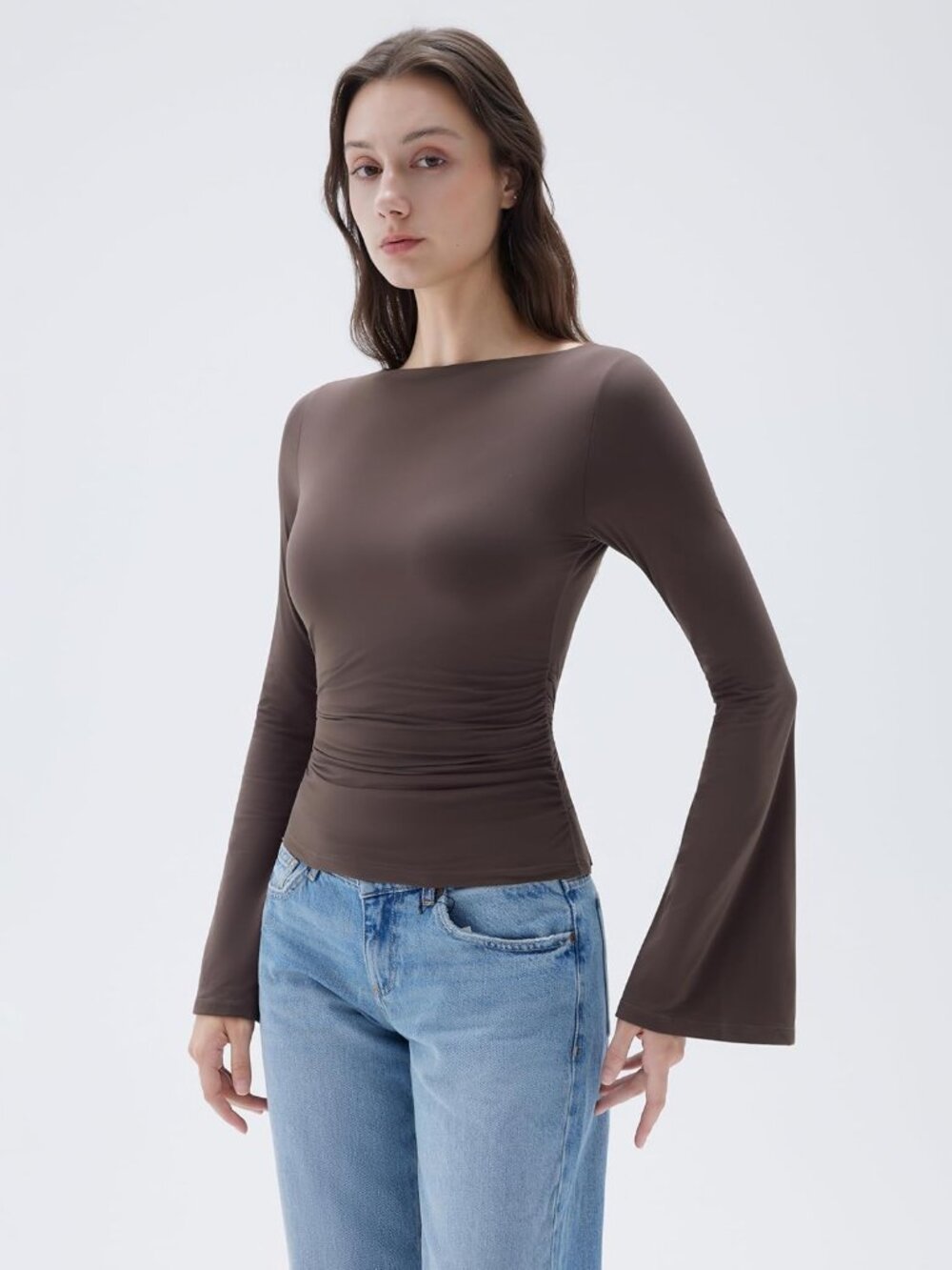 Women's Brown Long Sleeve Crew Neck Double Lined Casual Tops Basic T Shirts - Picture 5 of 6